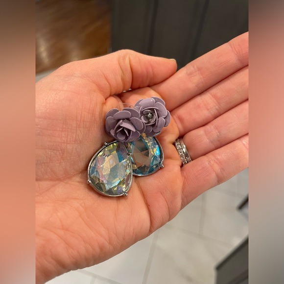 Costume Earrings with Purple Flower & Faux Crystal - Picture 2 of 4